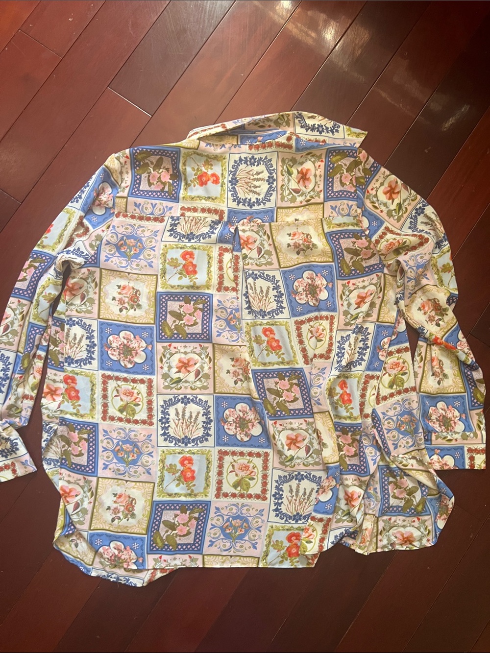 Rose & Olive Floral Patchwork Button-Down Shirt - Blue/Cream/Green-size L - Picture 6 of 10